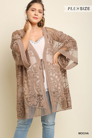 Floral Lace Open Front Kimono - Mocha