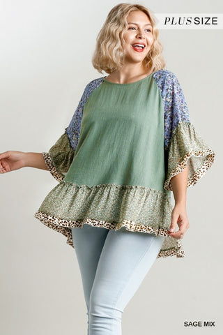 Linen Blend Round Neck Top with Ruffle Hem