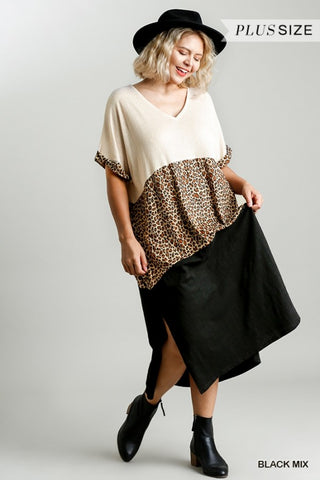 Linen Blend Animal Print  Short Sleeve Maxi Dress with Side Slits