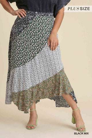 Mixed Floral Print Asymmetrical Ruffle Hem Maxi Skirt