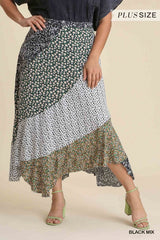 Mixed Floral Print Asymmetrical Ruffle Hem Maxi Skirt