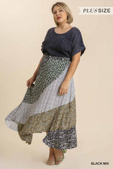 Mixed Floral Print Asymmetrical Ruffle Hem Maxi Skirt