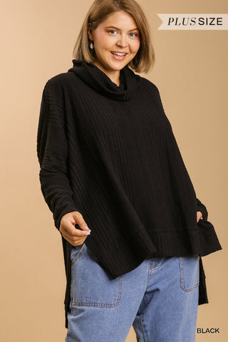 Ribbed Knit Long Sleeve Cowl Neck with Side Slits and High Low Hem-Black