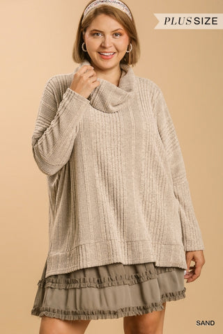 Ribbed Knit Long Sleeve Cowl Neck with Side Slits and High Low Hem-Sand