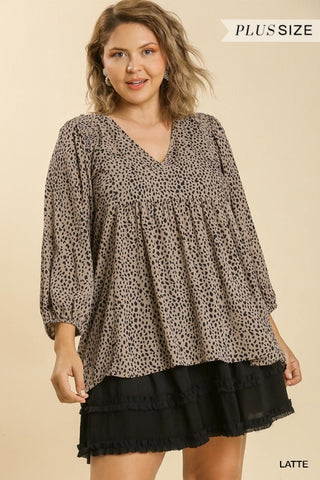 Animal Print V-Neck 3/4 Sleeve Smocked Detail Babydoll Top with High Low Hem