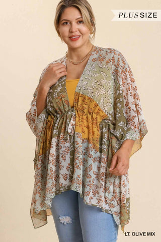 Sheer Mixed Print Bell Sleeve Open Front Kimono with Waist Tie and Side Slits