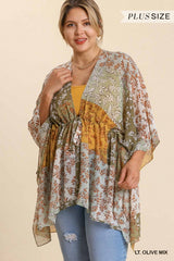 Sheer Mixed Print Bell Sleeve Open Front Kimono with Waist Tie and Side Slits