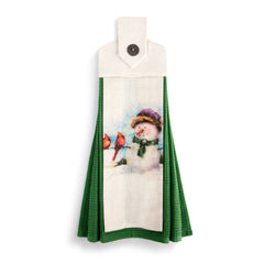 Snowman and Cardinals Button Loop Tea Towel