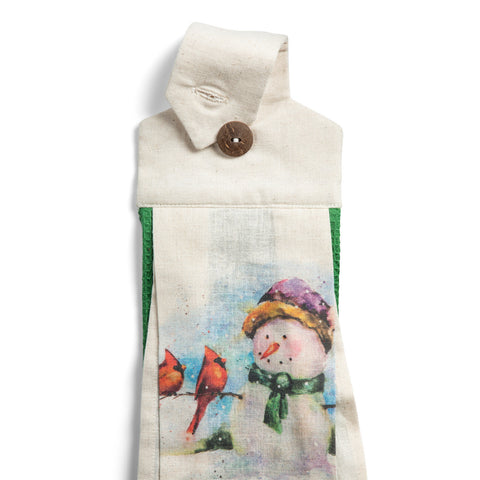 Snowman and Cardinals Button Loop Tea Towel